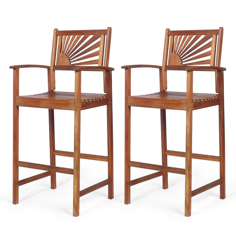 2 Pieces Outdoor Acacia Wood Bar Chairs with Sunflower Backrest and Armrests by DirectDeals