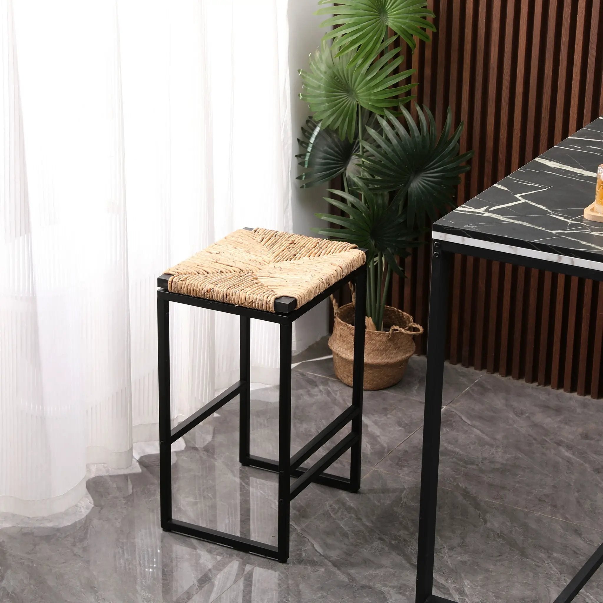 25" Height Backless Water Hyacinth Woven Bar Stools With Footrest (Set of 2) - Natural by HouseOfZazla