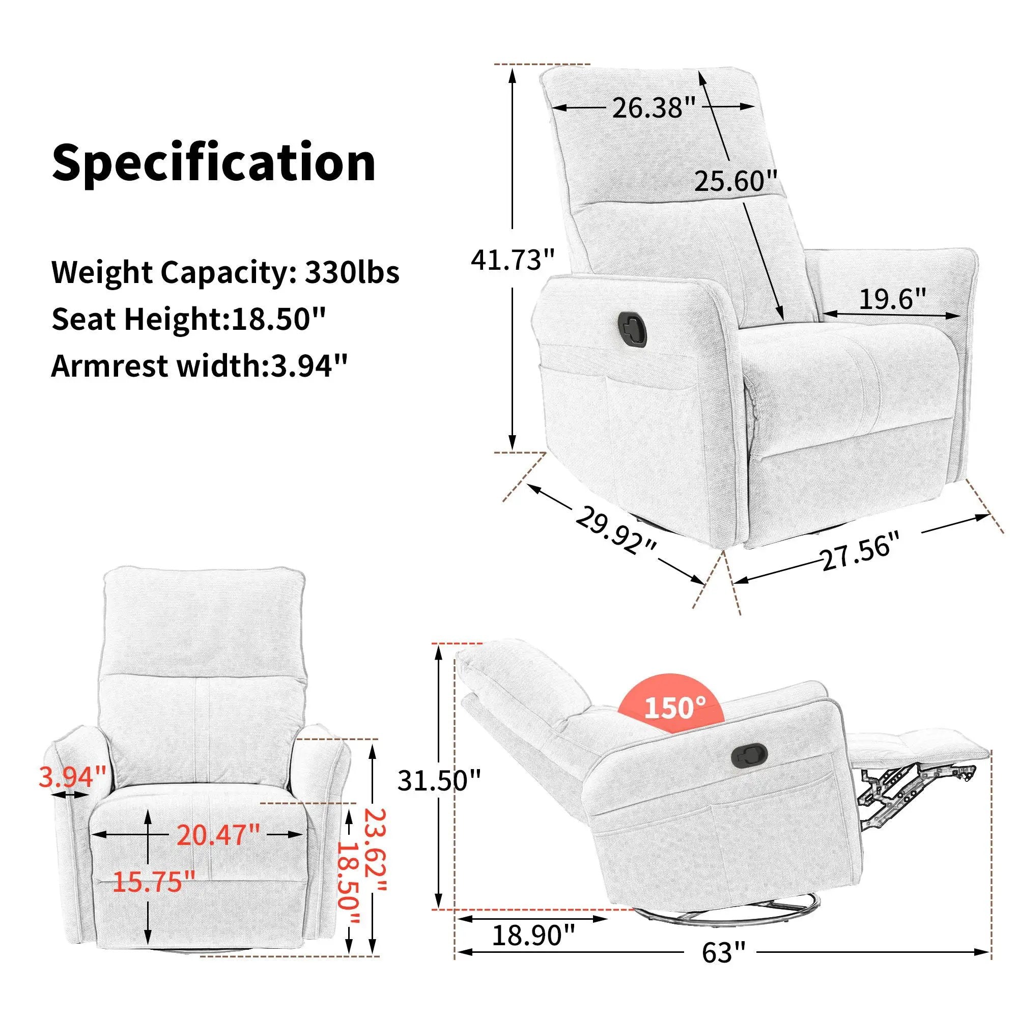 360° Modern Small Rocking Swivel Recliner Chair With Side Pocket by Unique Piece Furniture