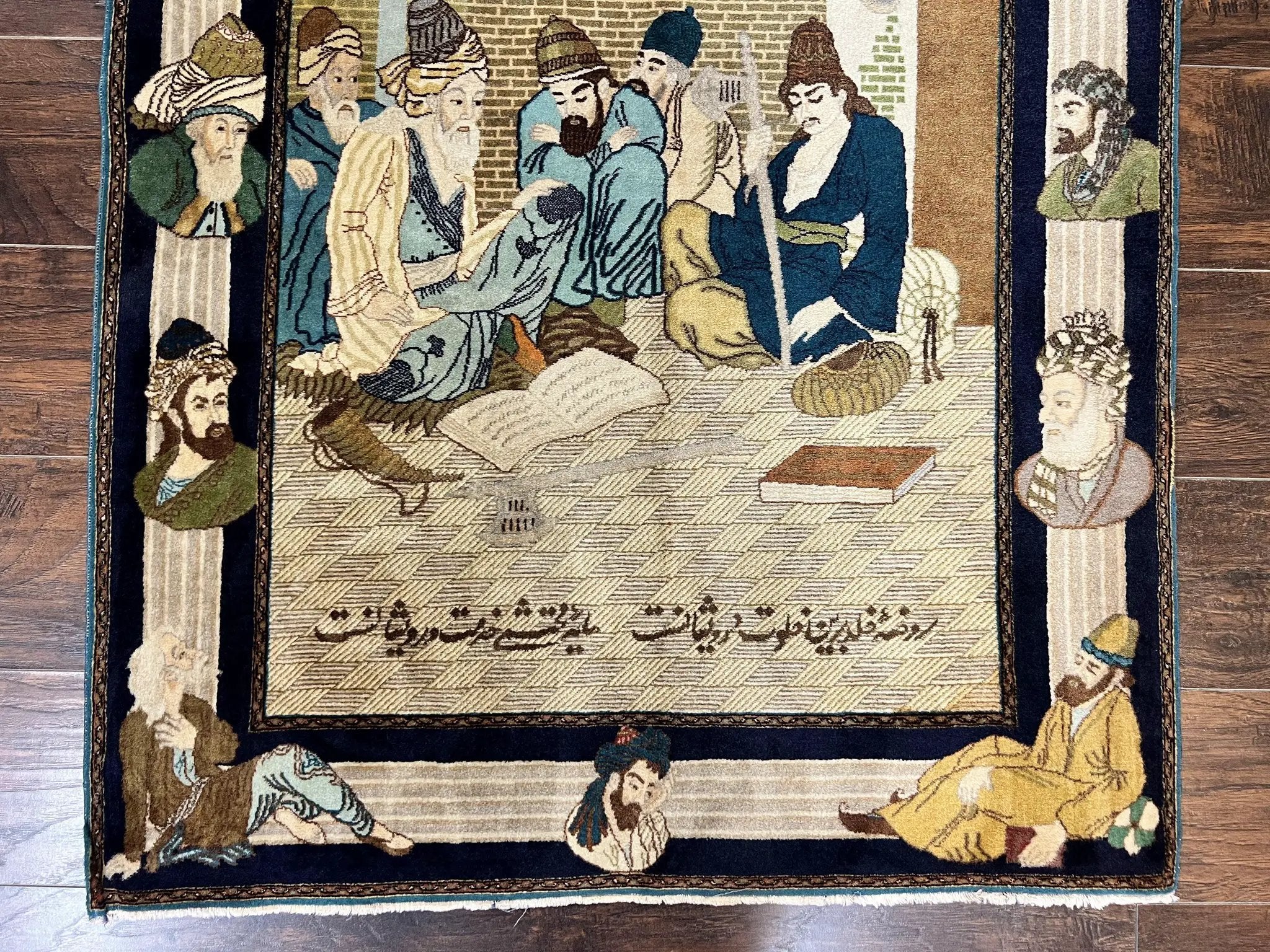 Persian Tabriz Pictorial Rug 3x5, Wall Hanging Carpet, Very Fine 60 Raj 475 KPSI, Hand Knotted Vintage Semi Antique, Wool, Persian Poetry by Jewel Rugs