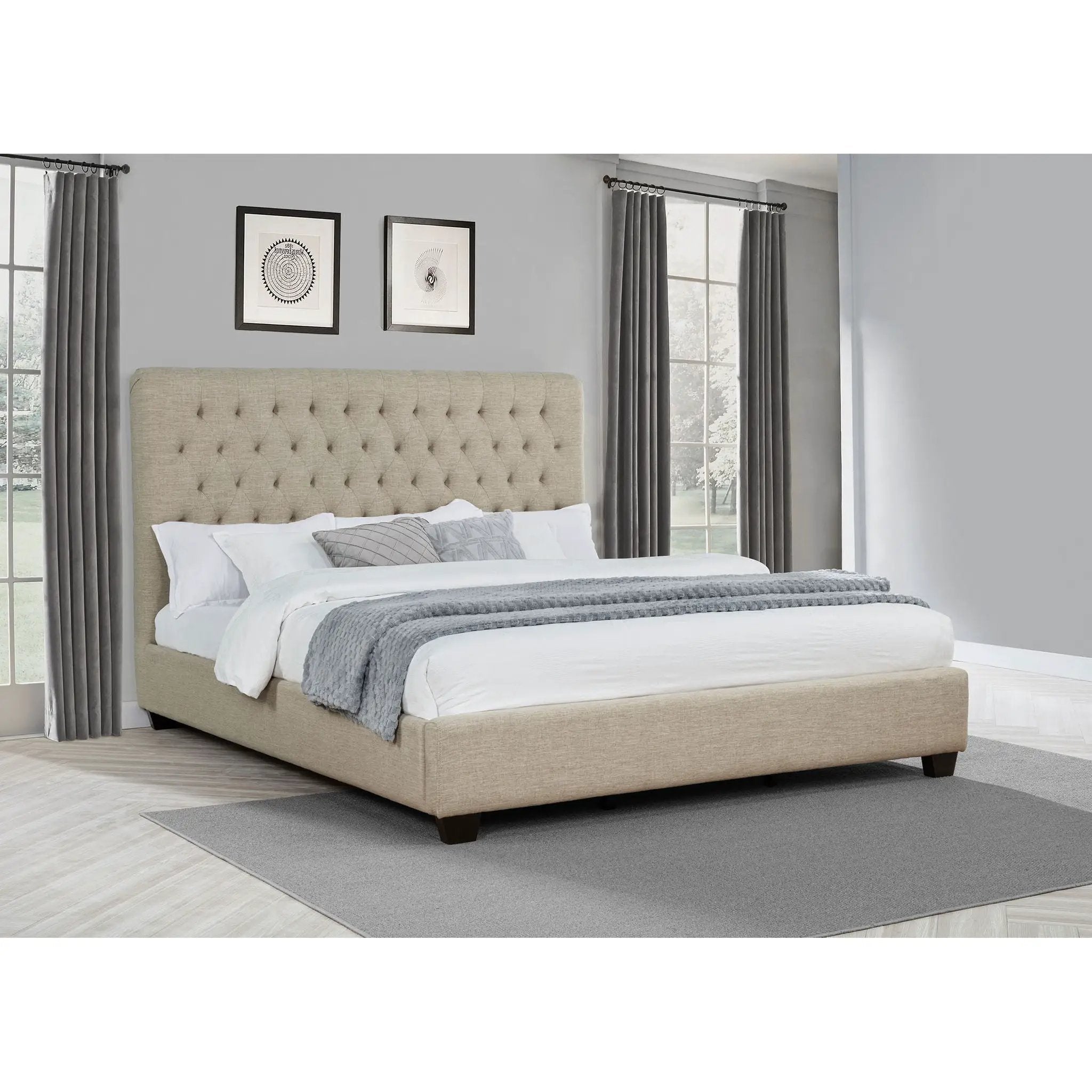 Upholstered California King Bed With Tufted Headboard And Birch Legs - Oatmeal by HouseOfZazla