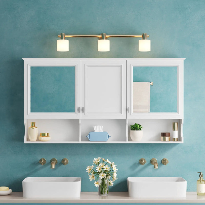 Wall-Mounted Mirror Medicine Cabinet With Adjustable Shelf And Open Shelves, Bathroom Storage Cabinet Over Toilet - White by Unique Piece Furniture