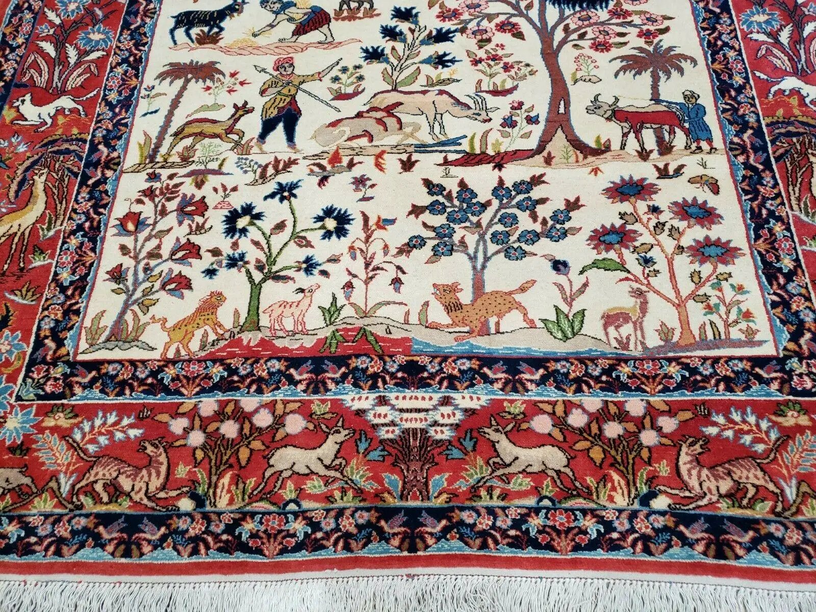 Antique Persian Isfahan Rug 5x7, Animal and Human Pictorials, Hand Knotted Fine Oriental Wool Carpet, Cream and Red, High KPSI, Vintage Rug 5 x 7 ft by Jewel Rugs