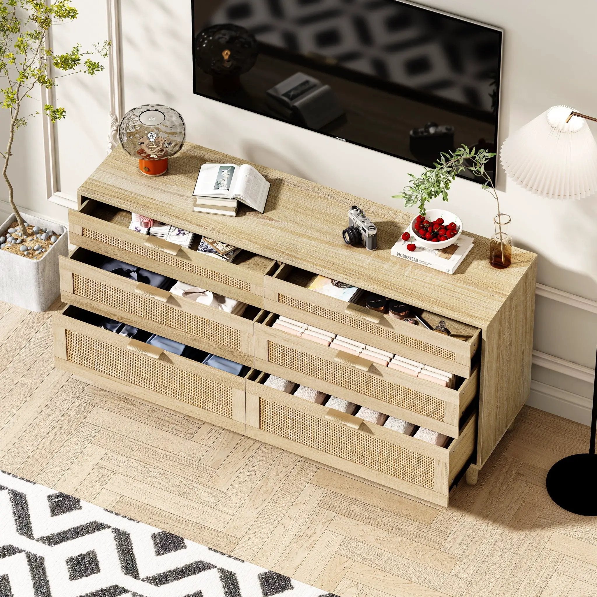 Rattan Dresser With 6 Drawers, Legs & Handles, Storage Cabinet - Natural by HouseOfZazla