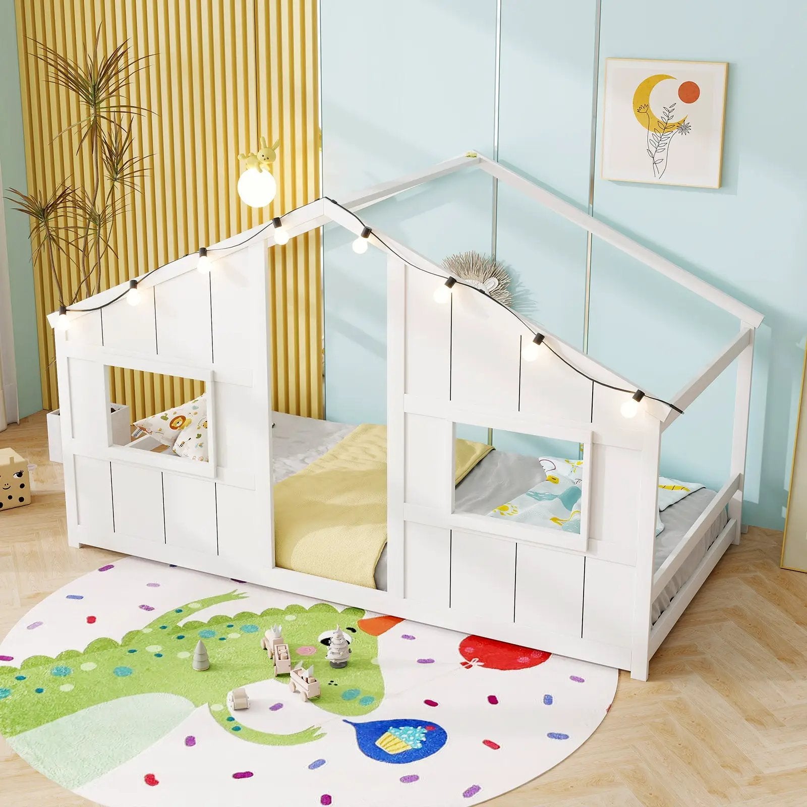 Twin Size House Bed with LED Lights Montessori Slat-free Floor Bed by DirectDeals