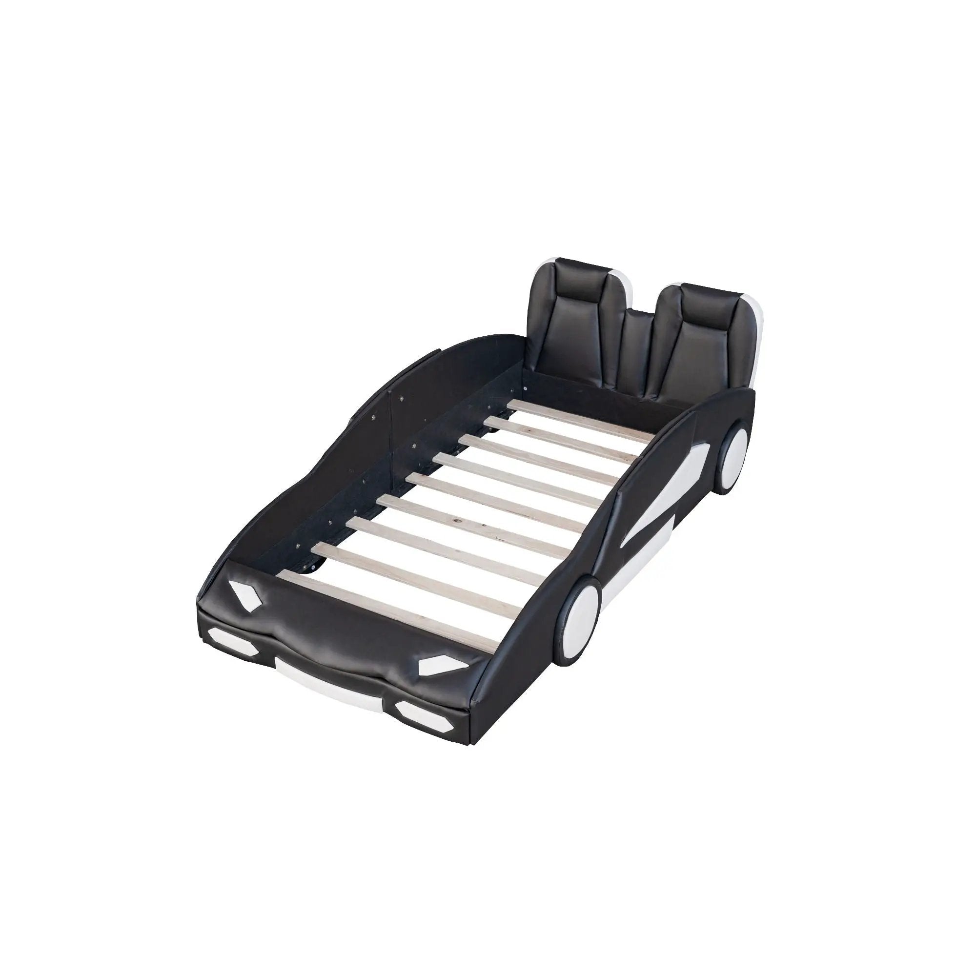 Race Car Shaped Twin Platform Bed With Wheels, Pine Wood Construction by Unique Piece Furniture