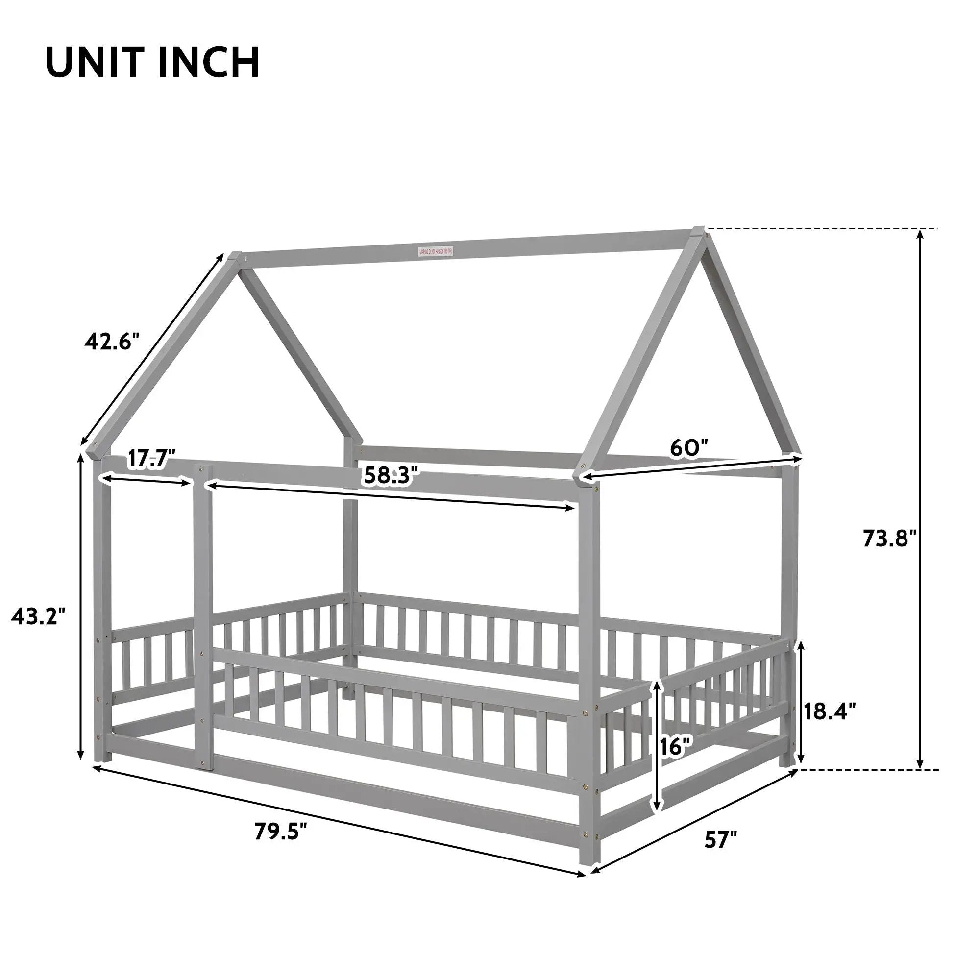 Floor Wooden Bed With House Roof Frame, Fence Guardrails by HouseOfZazla