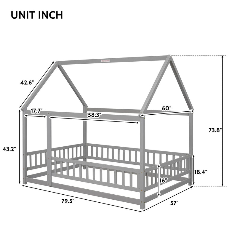 Floor Wooden Bed With House Roof Frame, Fence Guardrails by HouseOfZazla