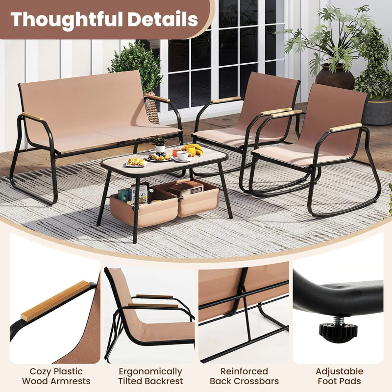 4 Pieces Patio Furniture Set with Rocking Bistro Chairs and Breathable Mesh Fabric-Coffee by DirectDeals