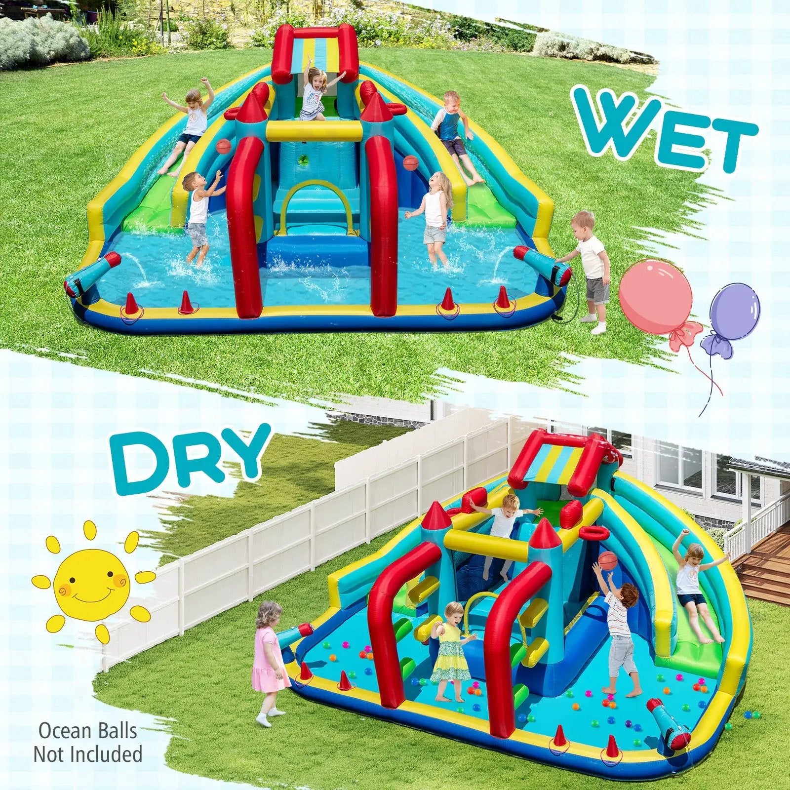 Inflatable Double Water Slide Park with Obstacle Course and 680W Blower by DirectDeals