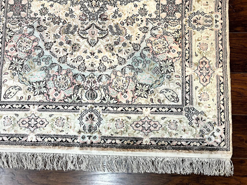 Silk Indian Kashmiri Rug 4x6, Handmade, Ivory, Fine 240 KPSI by Jewel Rugs