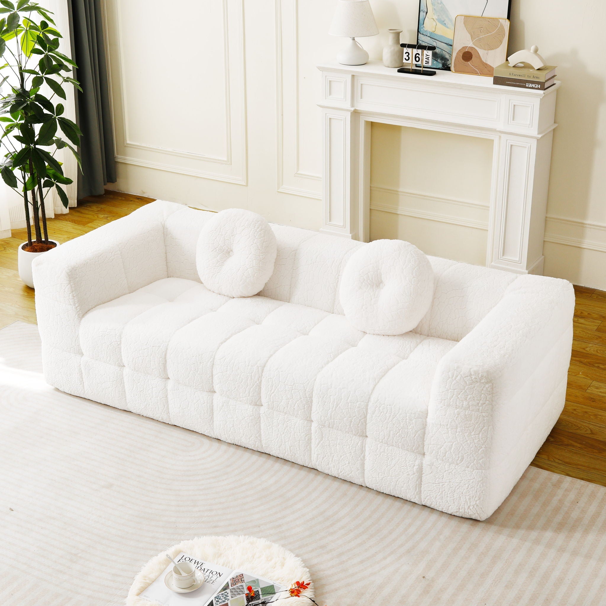 Boneless 3 Seater Sofa With Circular Throw Pillows - Beige by HouseOfZazla