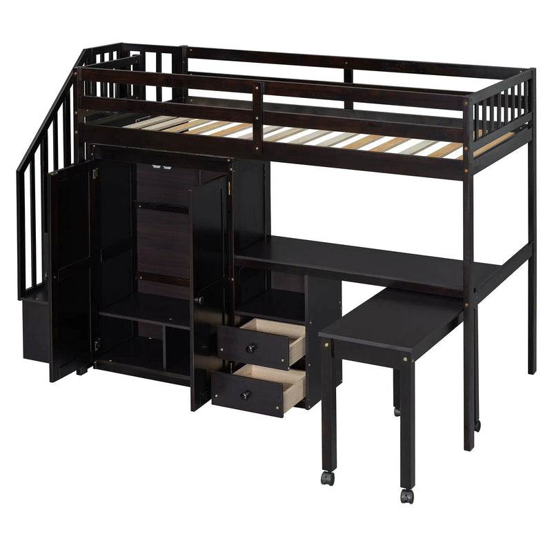 Loft Bed With Stairs, Bookshelf, Drawers, Desk & Wardrobe, Space Saving Multifunctional Furniture by HouseOfZazla