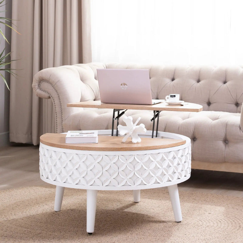 Round Coffee Table With Storage - White / Light Oak by HouseOfZazla