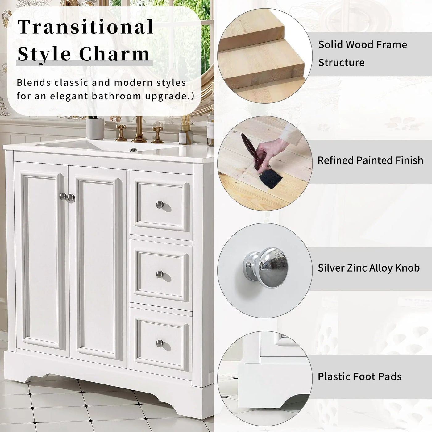 Bathroom Vanity With Sink, Soft-Close Doors, Adjustable U-Shelf, 3 Drawers by Unique Piece Furniture