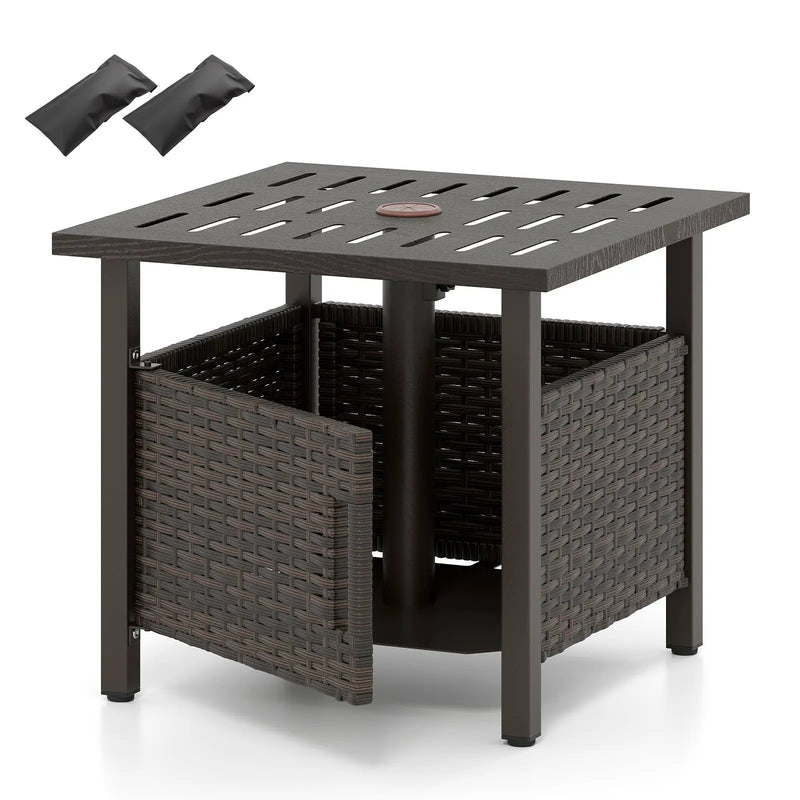 Outdoor Side Table with 1.93" Umbrella Hole All-Weather PE Wicker Patio Umbrella Table-Brown by DirectDeals
