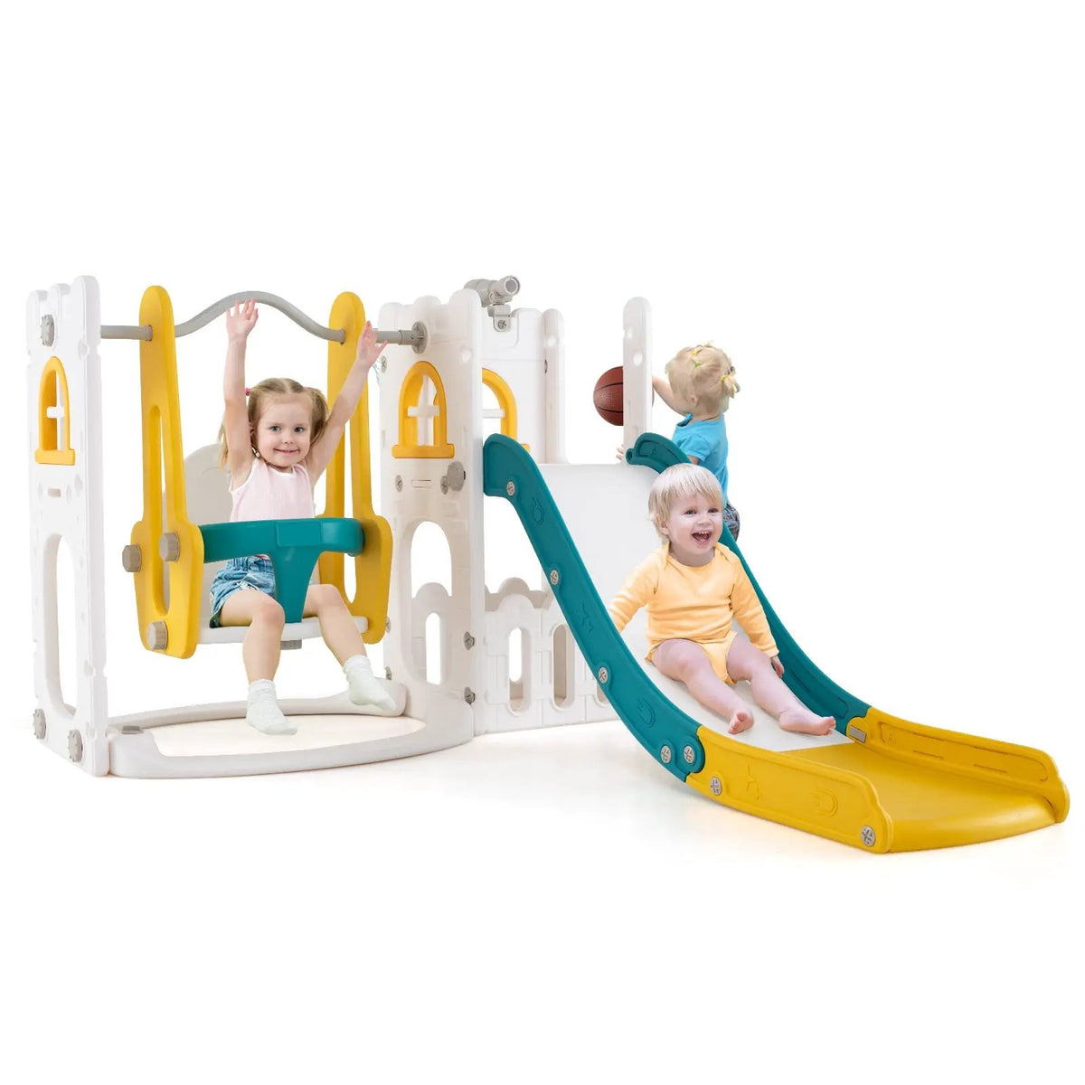 7-in-1 Toddler Swing and Slide Set L-shaped with Ladder and Basketball Hoop, photo 8 of 16