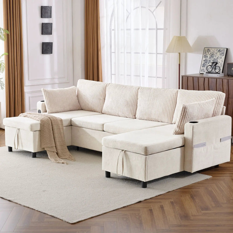 Sectional Sofa Bed With Pull Out Sleeper, USB Ports, Cup Holders by HouseOfZazla