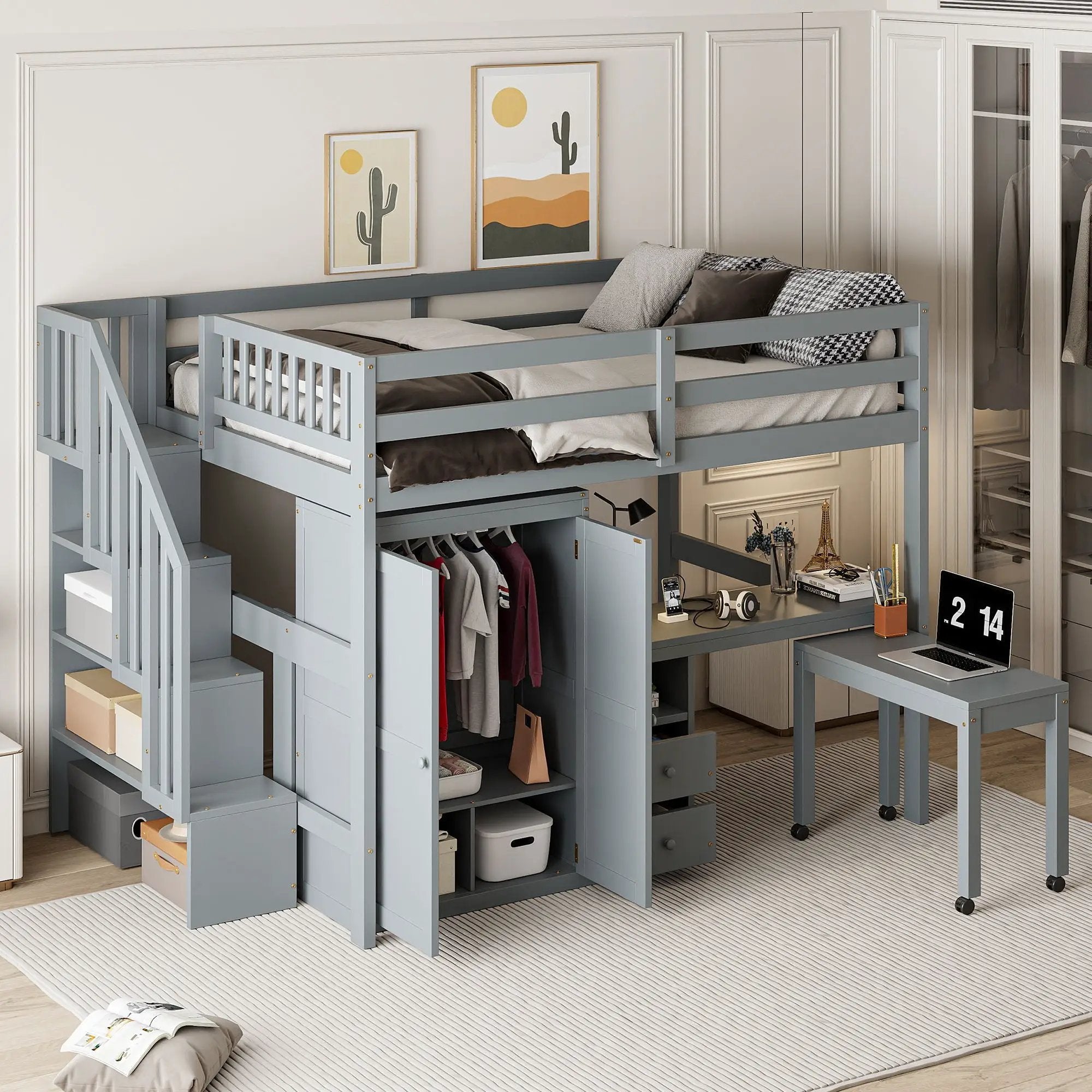 Loft Bed With Stairs, Bookshelf, Drawers, Desk & Wardrobe, Space Saving Multifunctional Furniture by HouseOfZazla