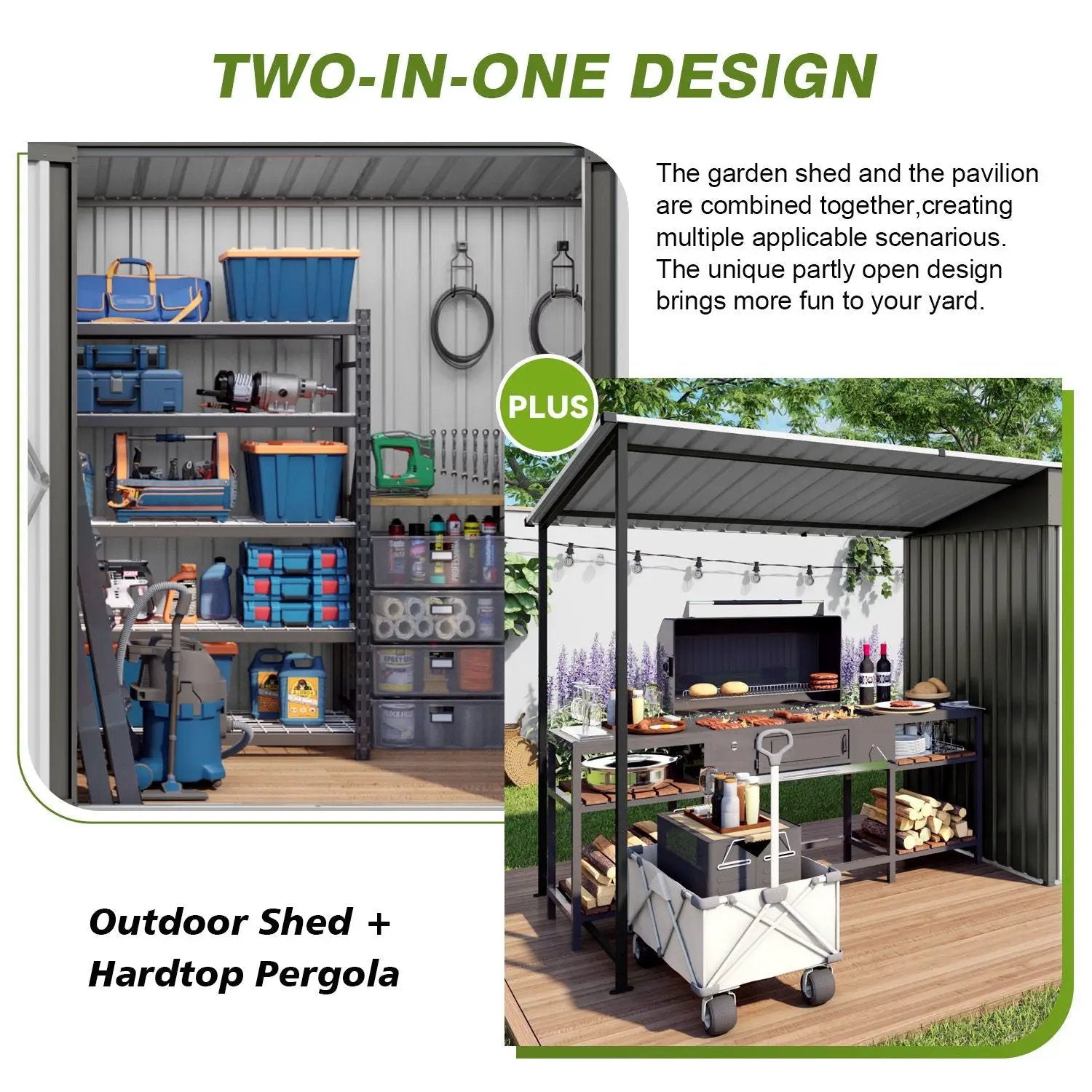 Lean To Shed With Open Sided Pergola, Outdoor Storage Shed & Attached Hardtop Gazebo Combo - Gray by HouseOfZazla