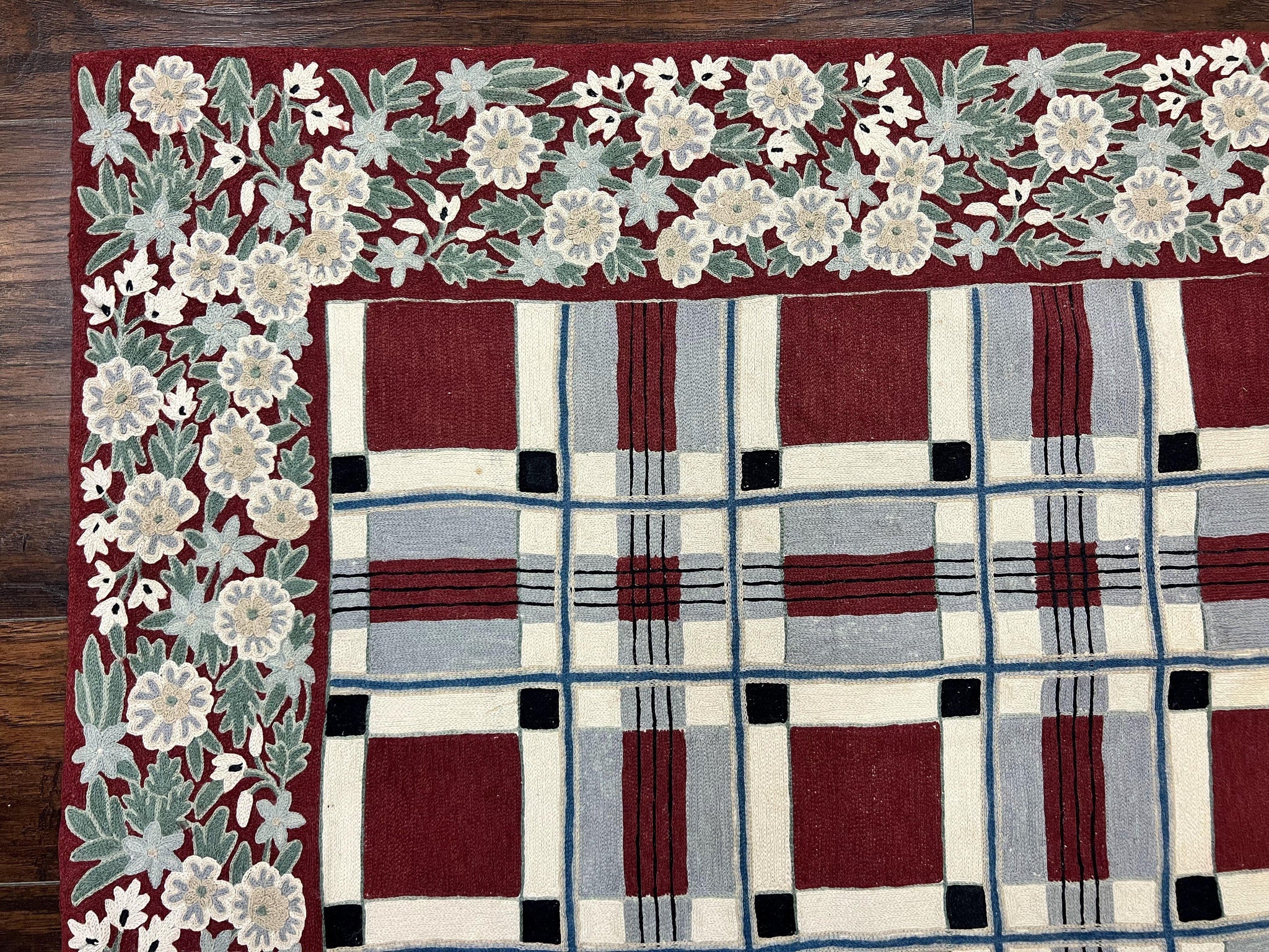 Indian Hand Stitched Rug 4x6, Vintage Carpet, Checkerboard Floral Pattern, Maroon Ivory, Flatweave, Wool by Jewel Rugs