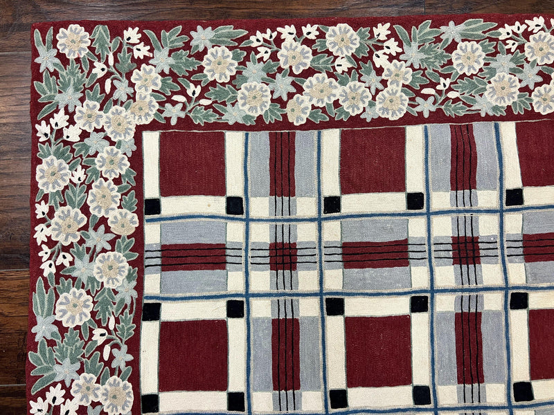 Indian Hand Stitched Rug 4x6, Vintage Carpet, Checkerboard Floral Pattern, Maroon Ivory, Flatweave, Wool by Jewel Rugs