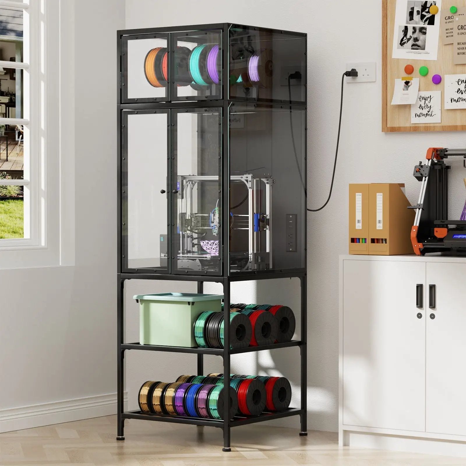 3D Printer Cabinet With Double Layer Filament Storage, T-Shaped Filament Bar, Noise Reducing And Dust Proof Design - Black by HouseOfZazla