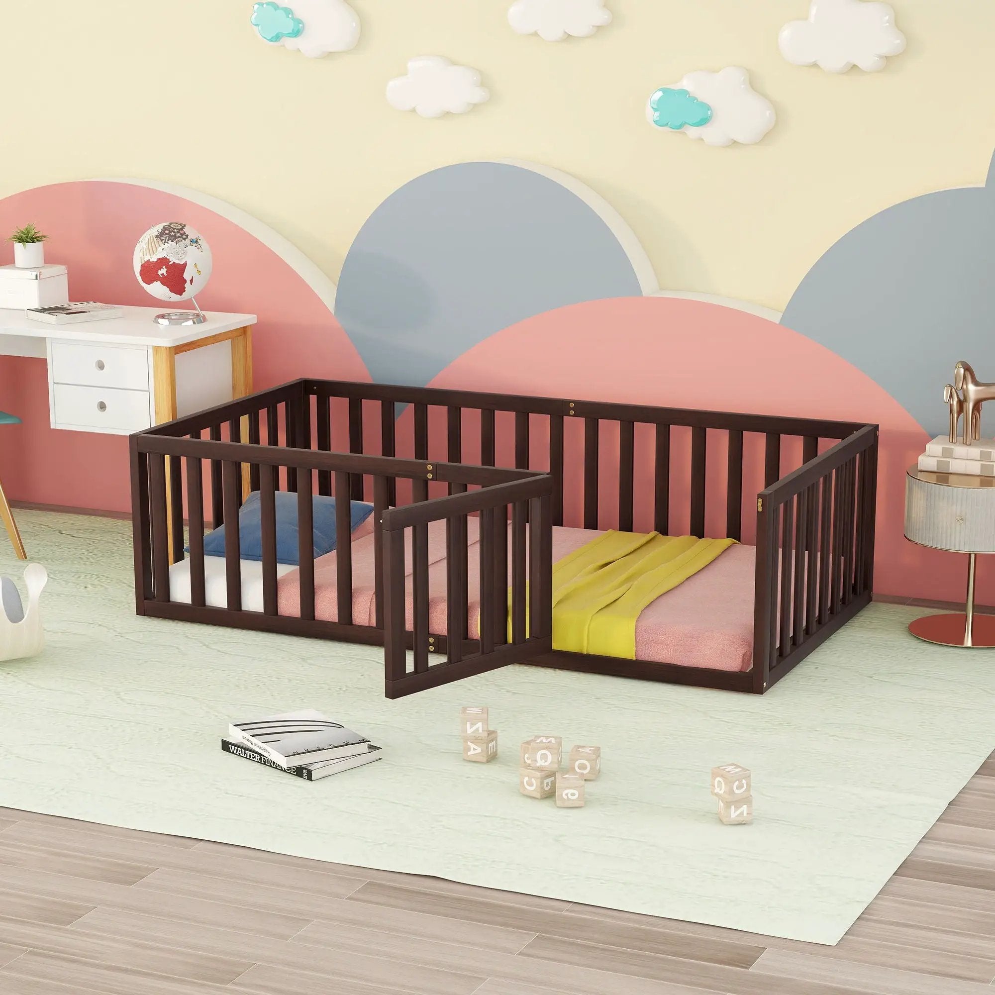 Twin Size Floor Bed Frame With Fence And Door - Walnut by HouseOfZazla