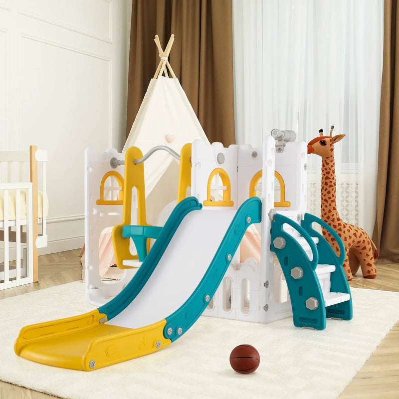 7-in-1 Toddler Swing and Slide Set L-shaped with Ladder and Basketball Hoop by DirectDeals