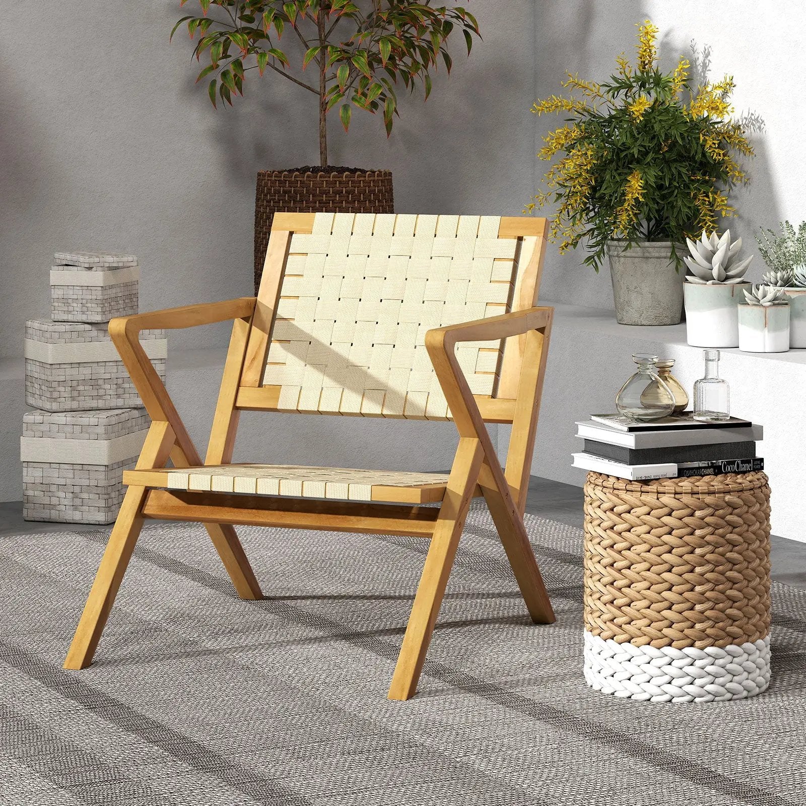 Outdoor and Indoor Teak Wood Patio Chair wuth Webbing Seat and Backrest-Natural by DirectDeals