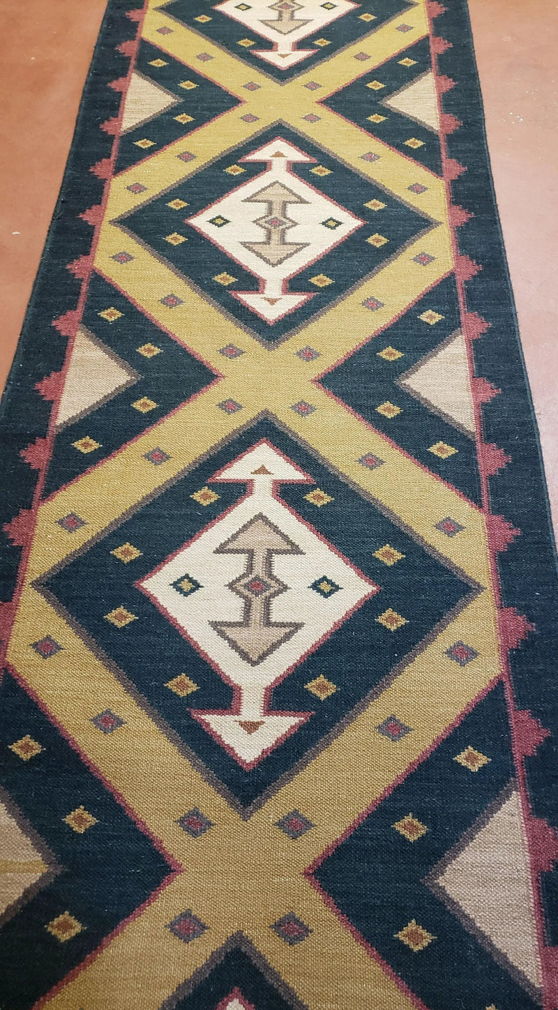 Vintage Indian Kilim Runner Rug, Geometric Flatweave Hand-Knotted Wool Kitchen Hallway Runner, Black Gold & Beige, 2' 8" x 9' 9" by Jewel Rugs