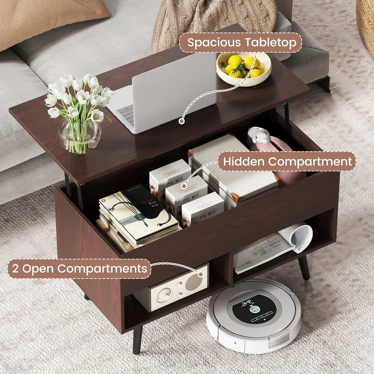 31.5 Inch Lift-Top Coffee Table with Hidden Storage and 2 Open Shelves, photo 31 of 40
