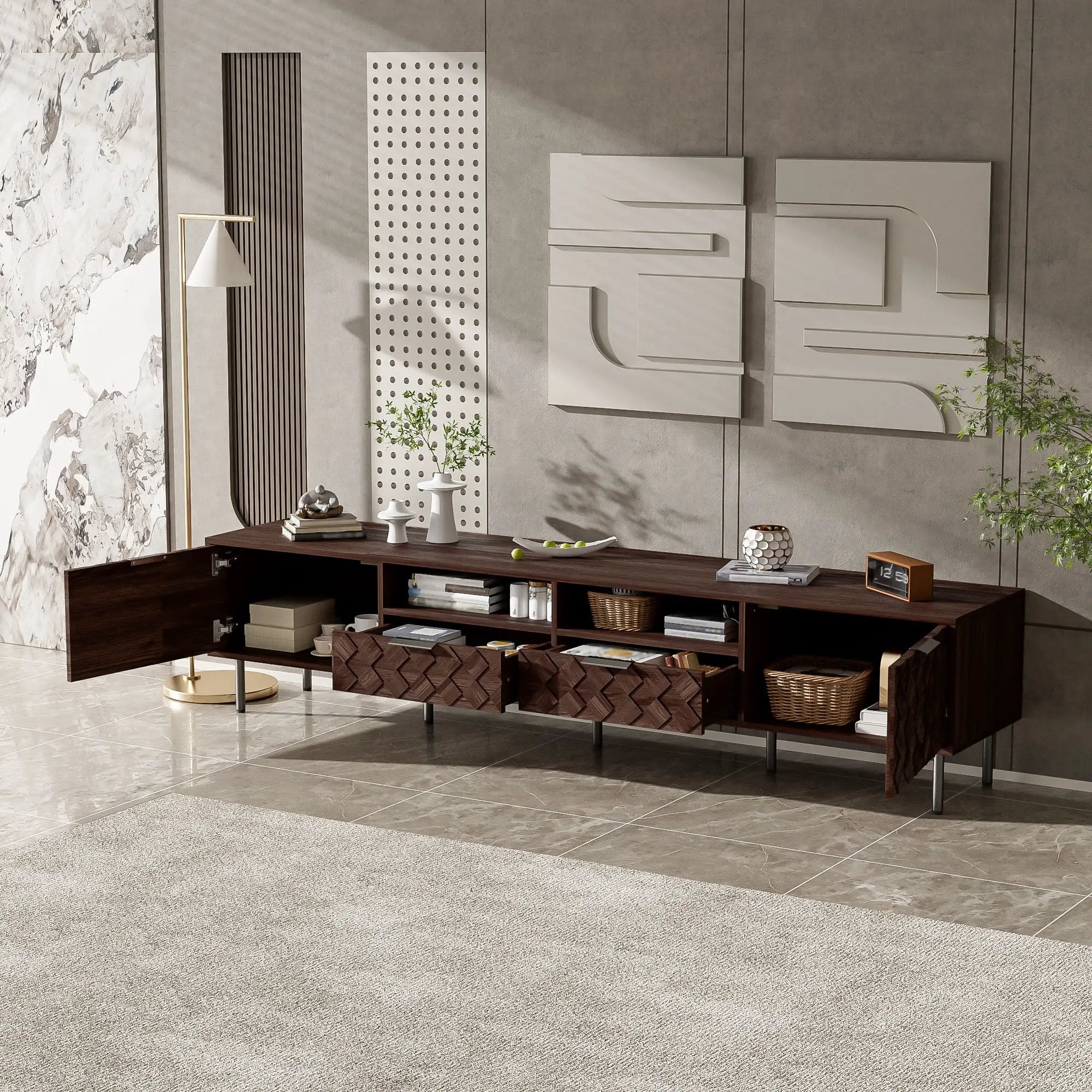 TV Stand For TVs Up To 85" With Closed Storage, Soft Closing Hinges, Living Room Entertainment Center - Walnut by Unique Piece Furniture