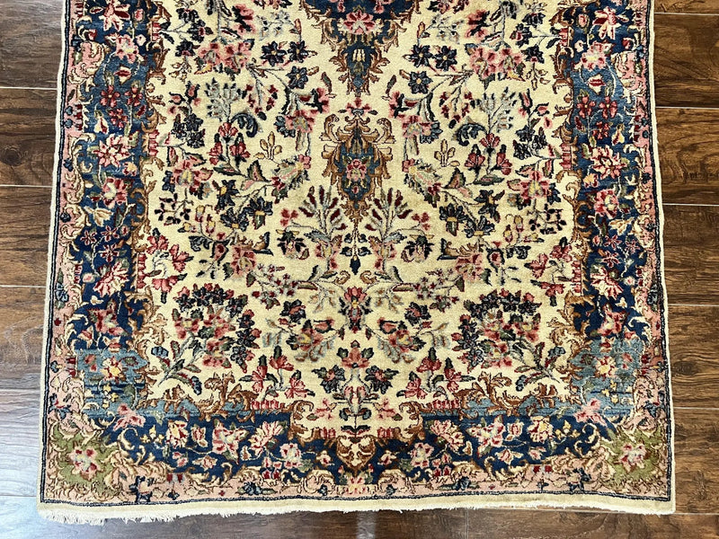 Antique Persian Kirman Rug 4x7, Cream and Navy Blue, Hand Knotted Wool Floral Carpet by Jewel Rugs