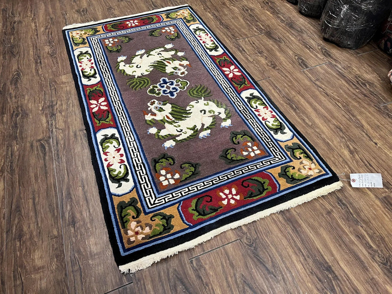 Chinese Art Deco Rug 3 x 5.5 with Animal Pictorials, Vintage Chinese Peking Wool Area Rug, Dark Puce Maroon Ivory, Hand Knotted Soft Carpet by Jewel Rugs