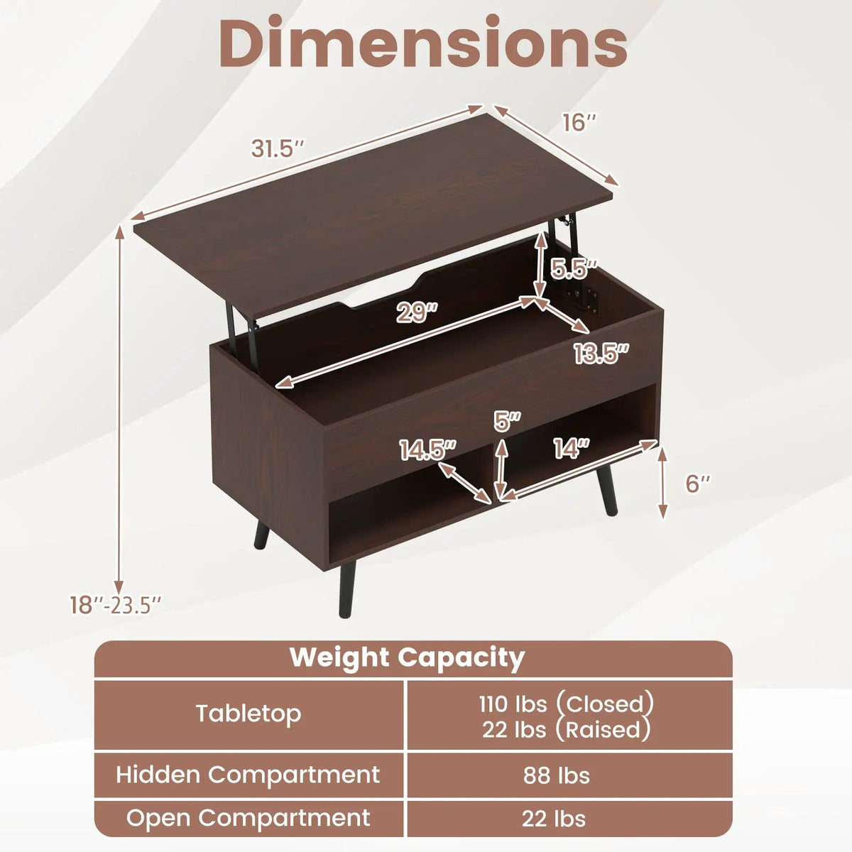 31.5 Inch Lift-Top Coffee Table with Hidden Storage and 2 Open Shelves, photo 23 of 40