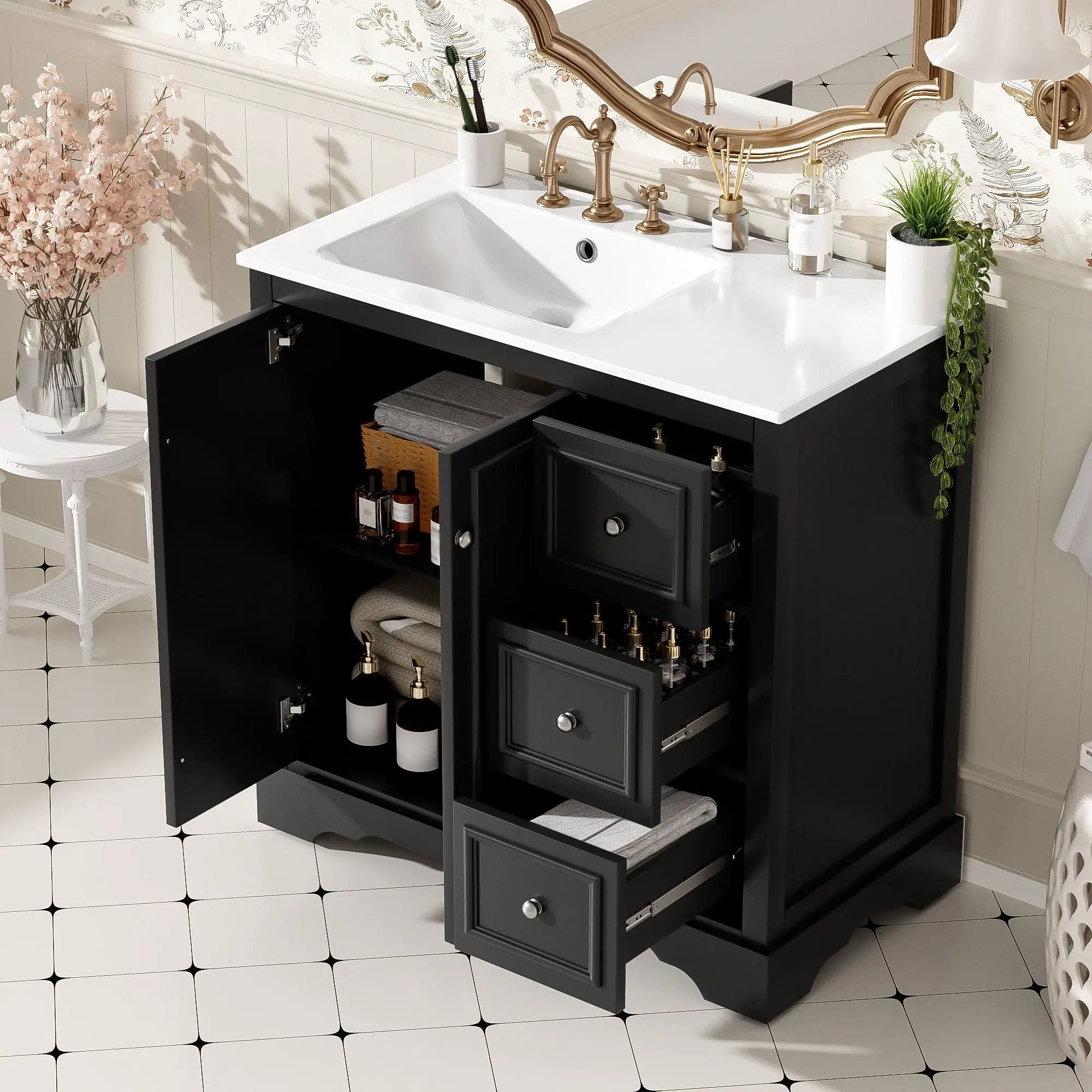 Bathroom Vanity With Sink, Soft-Close Doors, Adjustable U-Shelf, 3 Drawers by Unique Piece Furniture