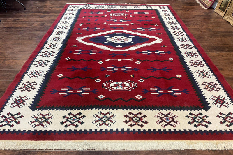 Belgium Power Loomed Rug 8x11, Navajo Native American Design, Dark Red and Ivory, Tribal Rug, Bohemian Carpet by Jewel Rugs