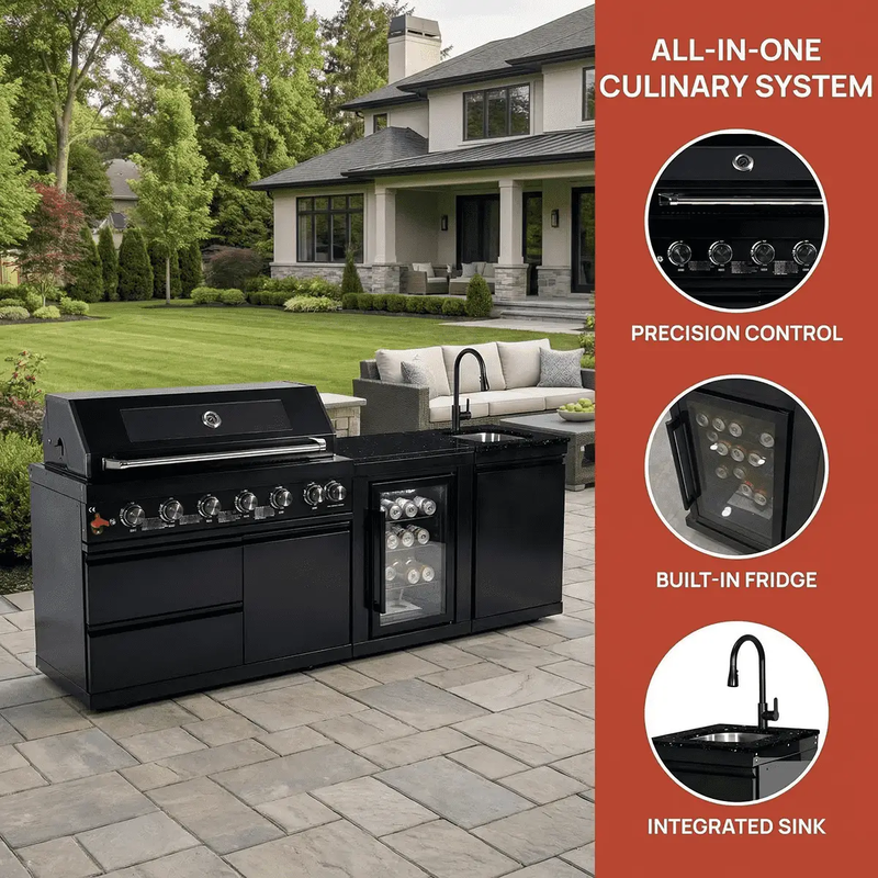82" 6-Burner 85,000 BTU Gas Outdoor Kitchen Island Grill Stainless Steel Sink Wine Cooler by Chery Industrial