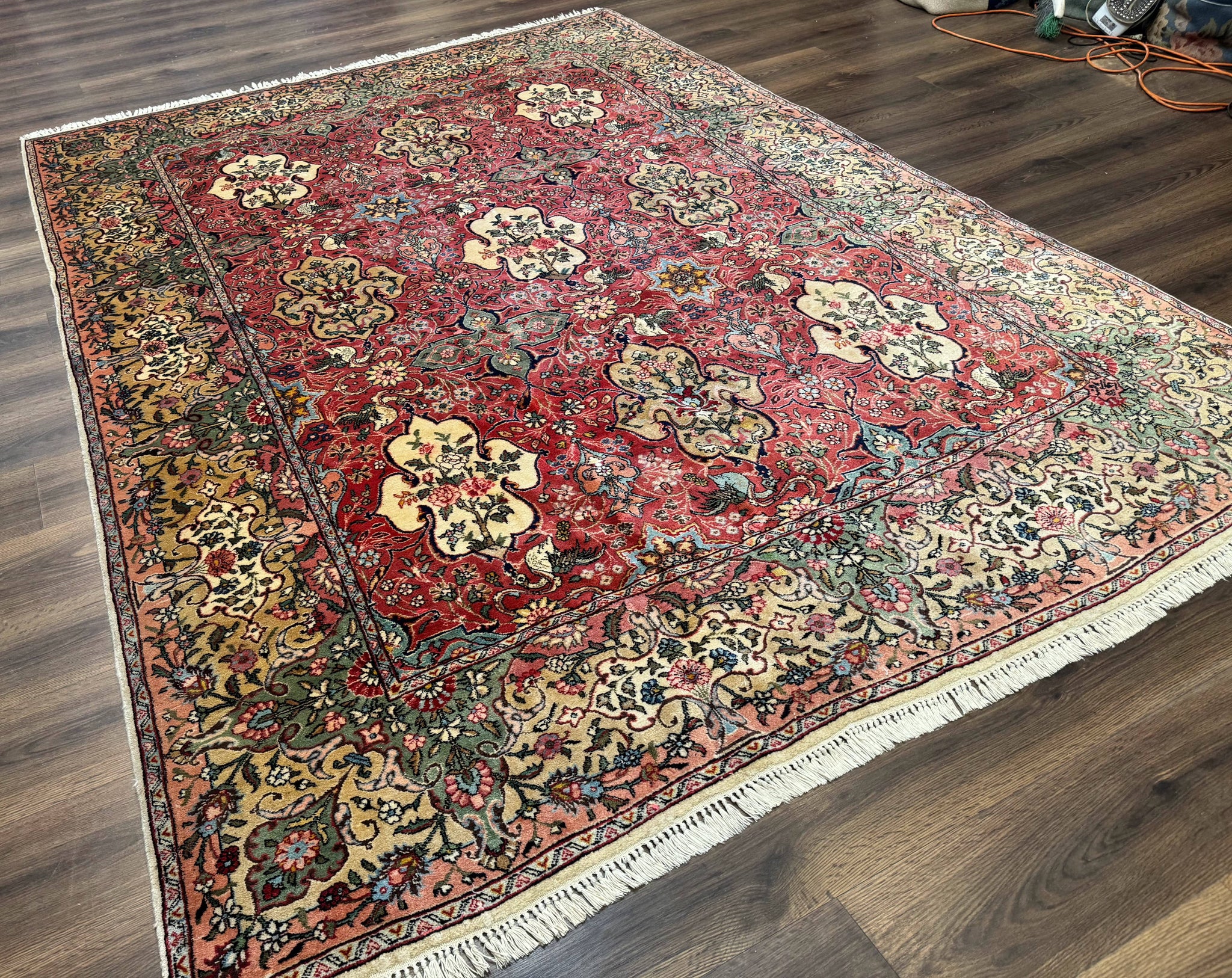 Antique Tabriz Persian Rug 7x10, Red Cream Tan, Unique Design, Fine 270 KPSI, Birds, Floral by Jewel Rugs
