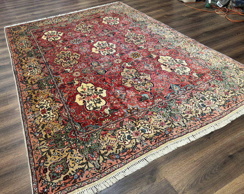 Antique Tabriz Persian Rug 7x10, Red Cream Tan, Unique Design, Fine 270 KPSI, Birds, Floral by Jewel Rugs