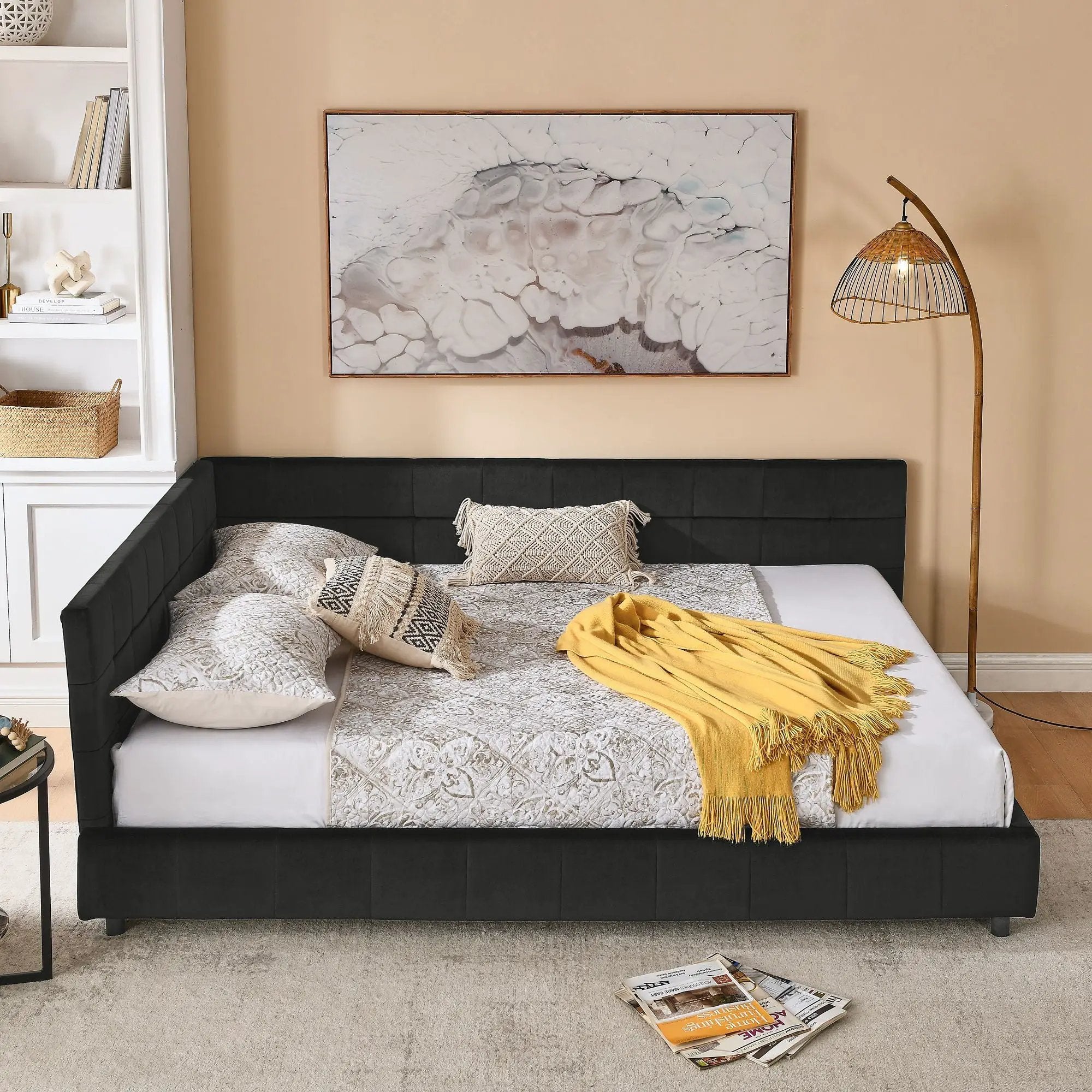 Mid-Century Storage Upholstered Tufted Bed Frame With Backrest And Armrests by Unique Piece Furniture
