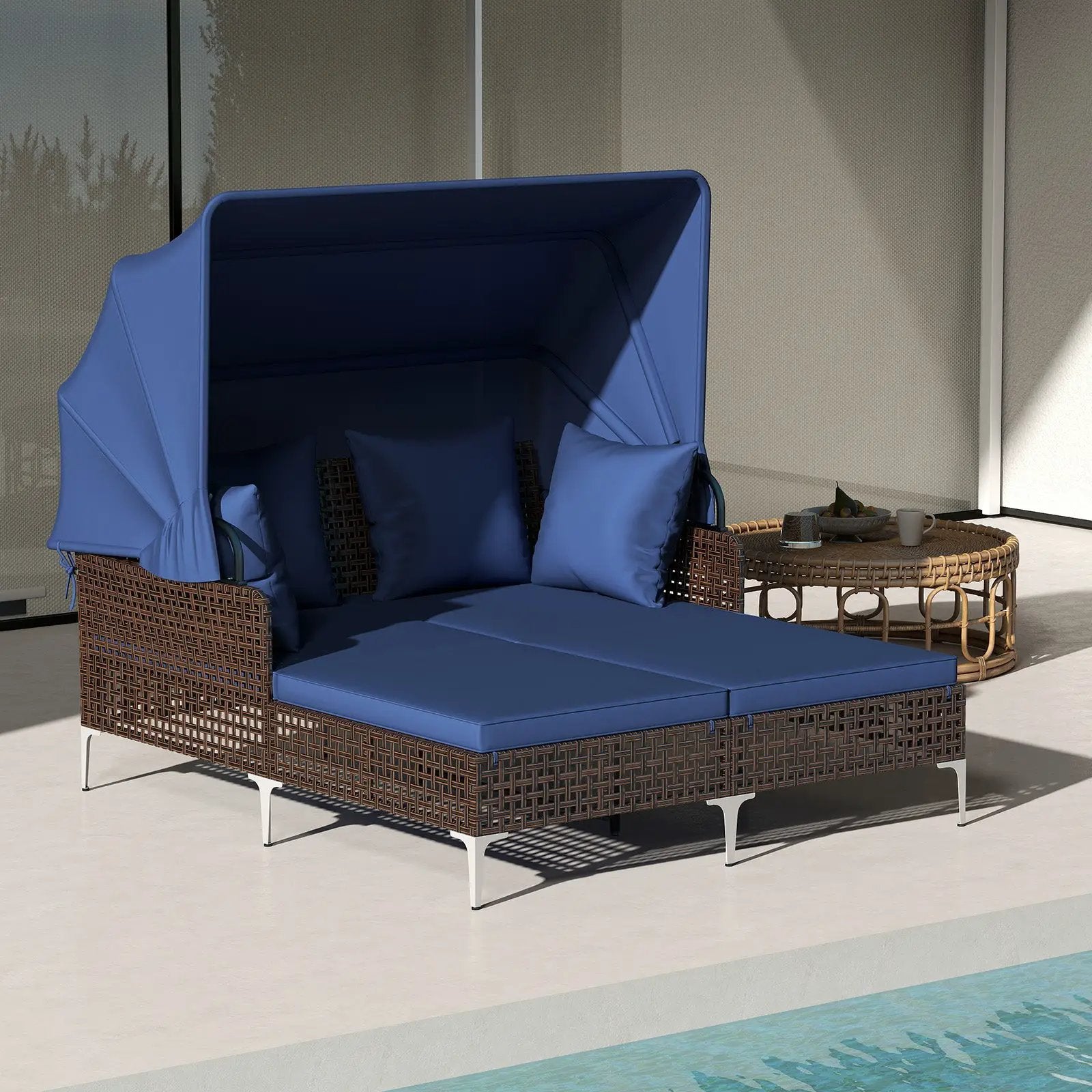 Outdoor Daybed with Retractable Canopy PE Wicker Rattan Patio Lounger by DirectDeals
