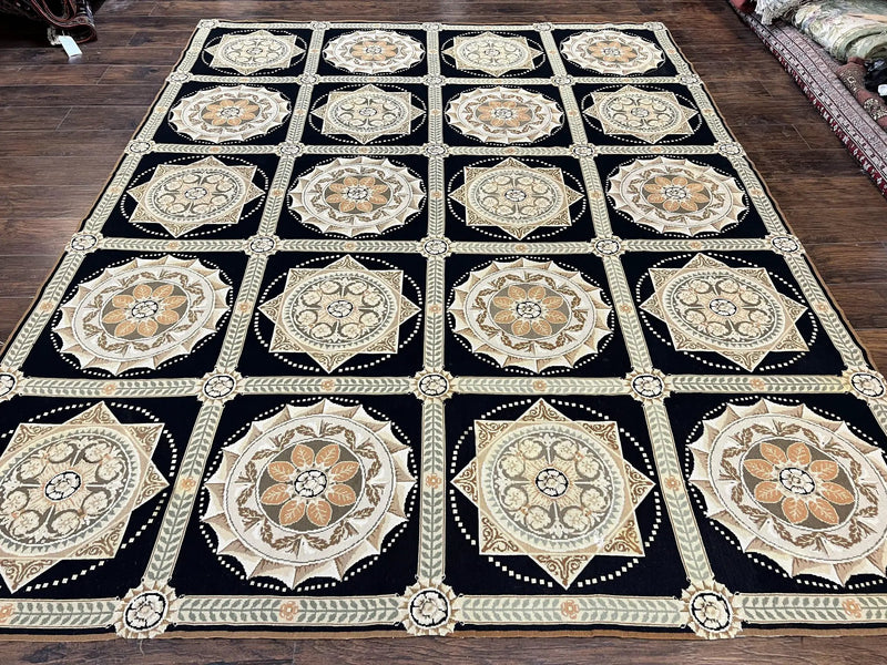 Needlepoint Rug 8x10, Black Tan Beige, Panel Design, Wool Handwoven Handmade Flatweave Needlepoint Carpet, Vintage French European Rug by Jewel Rugs