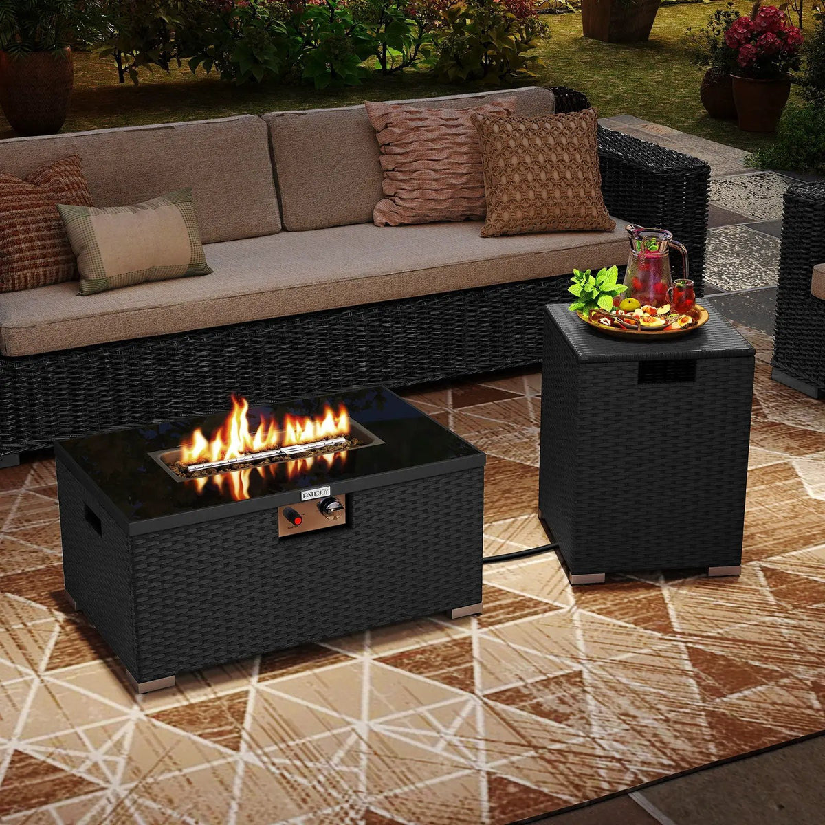2-Piece Outdoor Rattan Fire Table Set 32 Inch Rectangle Gas Firepit with Tank Cover, photo 6 of 24
