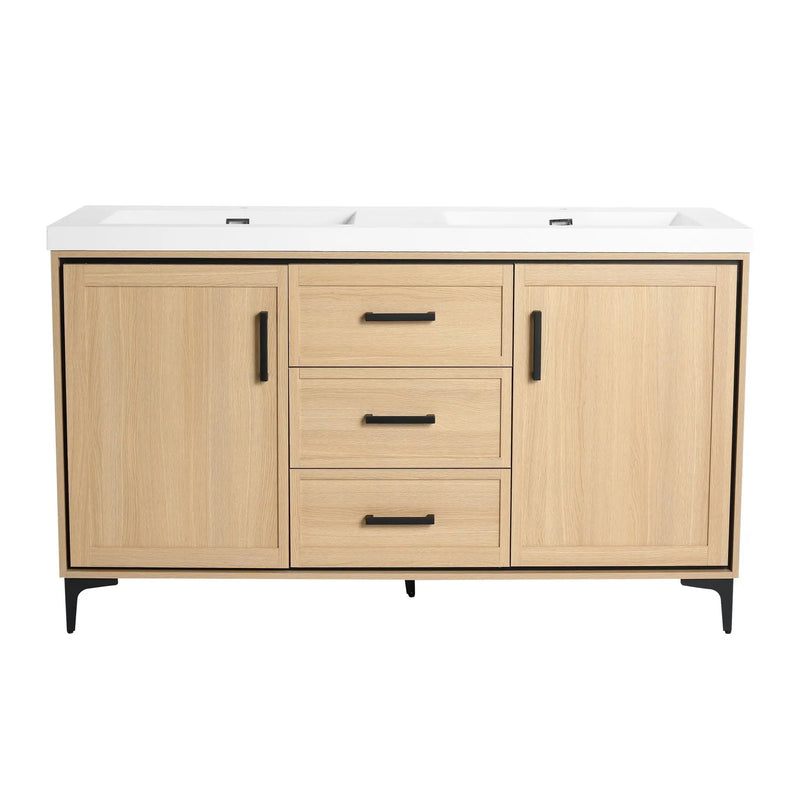 Original 60" Freestanding Bathroom Vanity With Double Resin Sink Plywood Soft Closing Doors & Drawers - Oak by Unique Piece Furniture