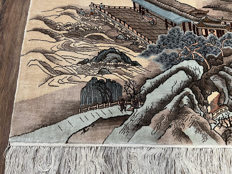 Silk Chinese Wall Hanging Rug 3x6 ft Tapestry, Pagoda Scene, Pictorial, High Quality Fine Hand Knotted Vintage, Asian Oriental Handmade Nice by Jewel Rugs