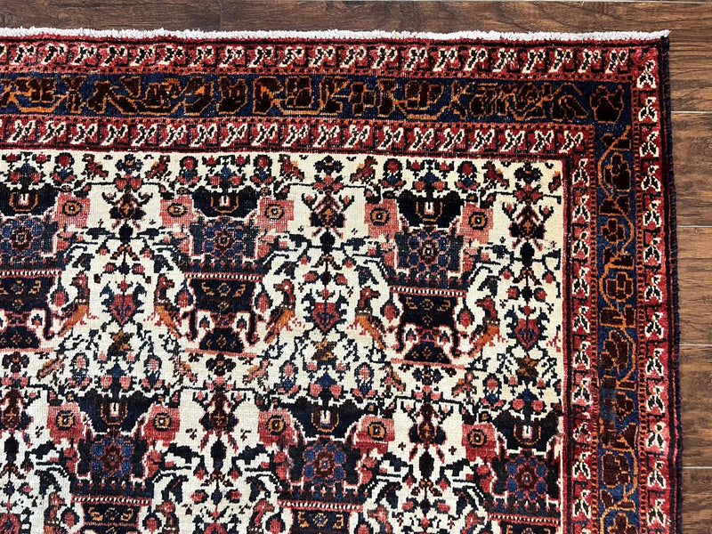 Persian Afshar Rug 6x8, Wool Hand Knotted Semi Antique Vintage Carpet, Floral Allover, Repeated Birds Flowers Vases Motifs by Jewel Rugs