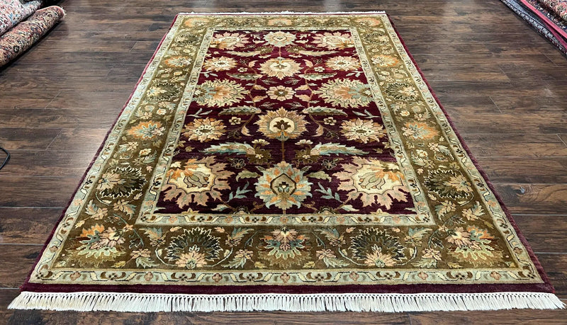 Indo Mahal Rug 6x9, Large Flowers Allover, Maroon and Green, Handmade Wool Area Rug, Vintage Rug, Indian Oriental Carpet, Hand Knotted Rug by Jewel Rugs
