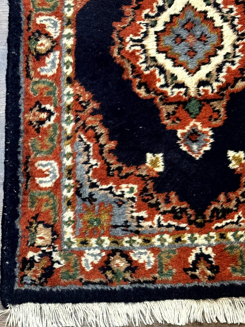 Small Indo Persian Rug 2x3, Navy Blue & Terracotta, Wool, Handmade by Jewel Rugs